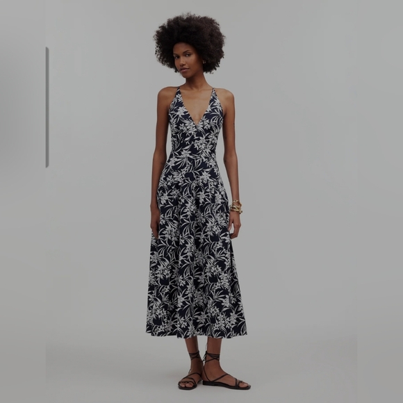 NWT Madewell Smocked Halter Midi Dress | Size 14 | Deep Indigo Floral Cotton - Picture 1 of 11